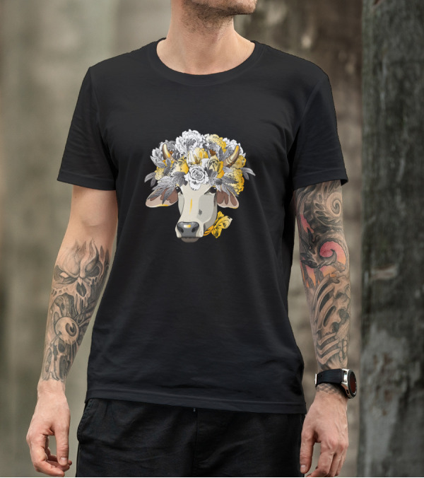 Cows Cow Floral Head Farm Animal Art 24 Farming Yellow Flower Headdress T-Shirt
