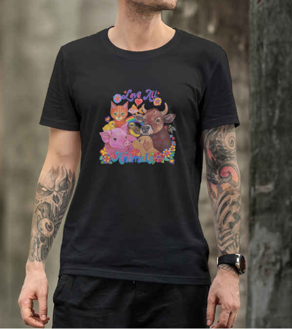 Love All Animals Cow Pig Dog Cat Bird Rainbow Flowers T-Shirt