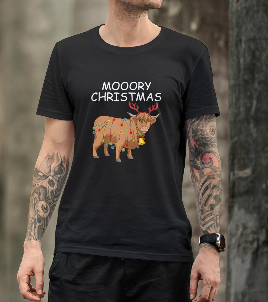 Moory Christmas Scottish Highland Cow With Antlers And Lights T-Shirt
