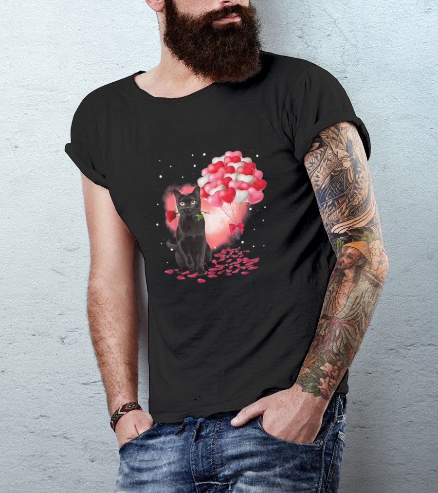 Cute Black Cat With Red Rose And Heart Balloons Valentine's Day T-Shirt