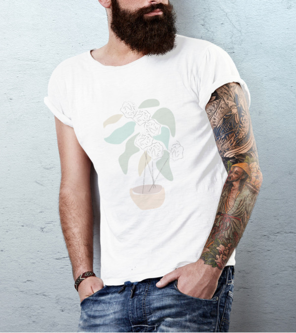 Flower Vase With Abstract Dark Green Leaves And Blooms T-Shirt