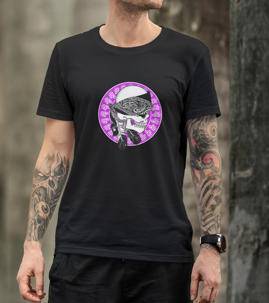 Gangster Skull In Bandana With Feather Elements T-Shirt