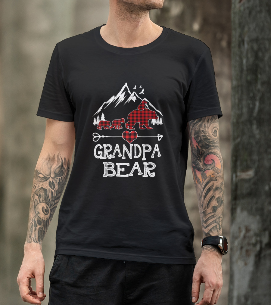 Grandpa Bear Christmas Red Plaid Buffalo Mountain Heart Arrow T-Shirt
