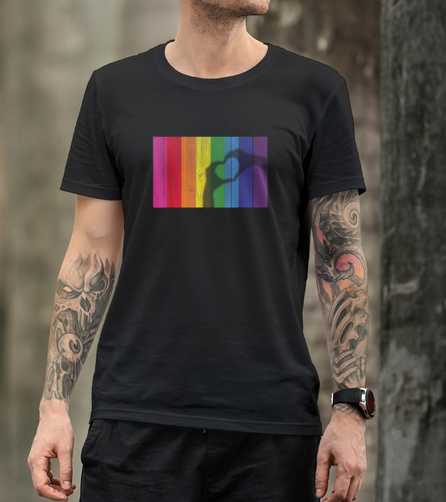 Heart Hands Shadow Across Vibrant Rainbow Planks T-Shirt