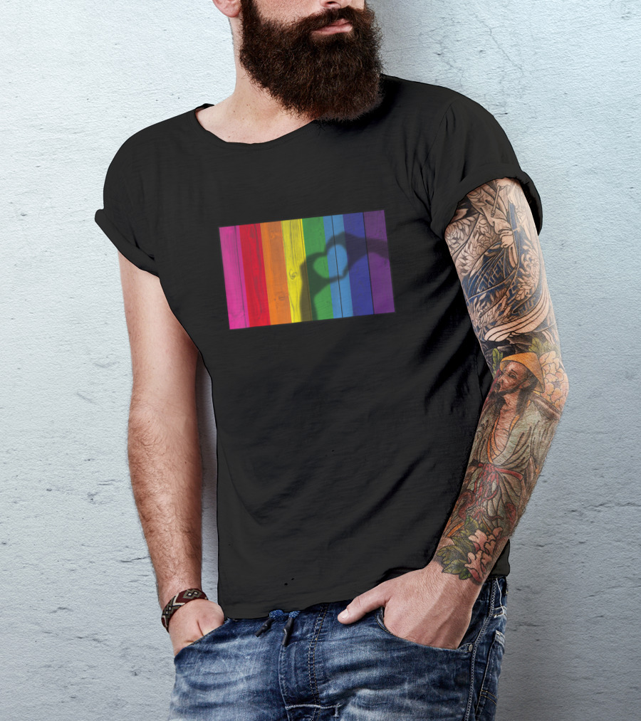 Heart Hands Shadow Across Vibrant Rainbow Planks T-Shirt