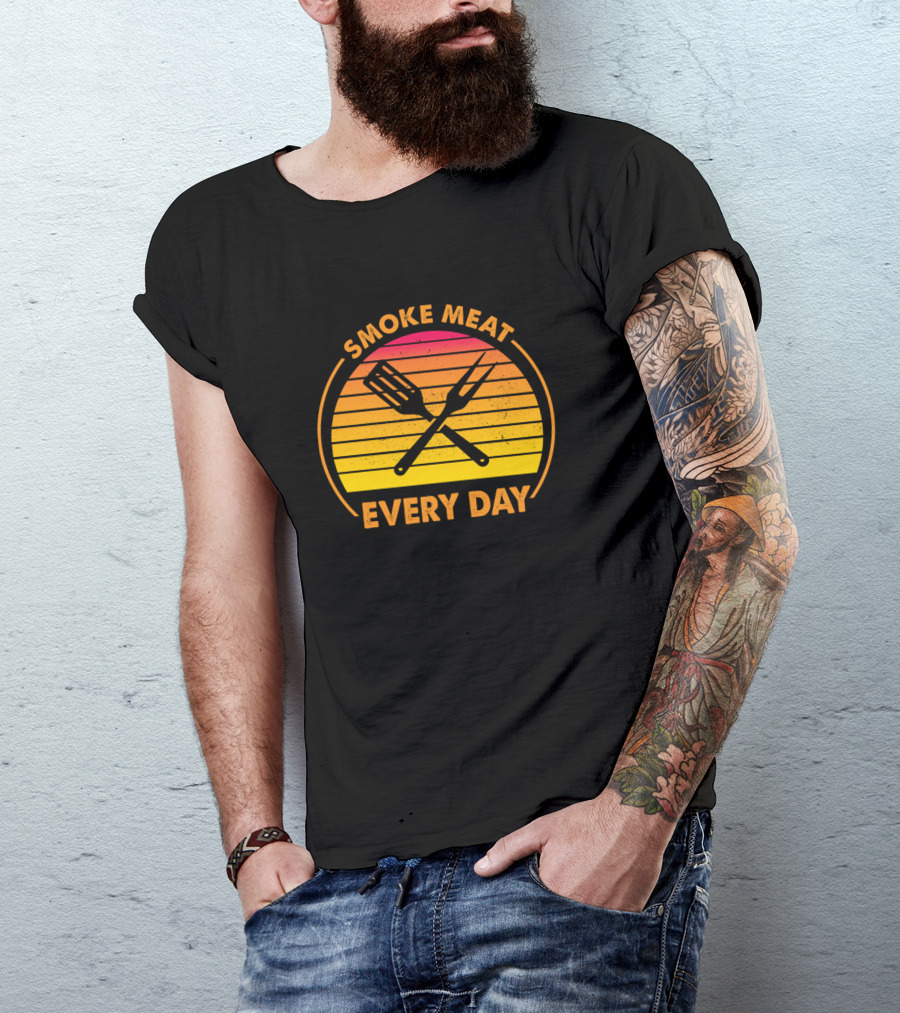 Smoke Meat Every Day Retro Sunset BBQ Fork And Spatula T-Shirt