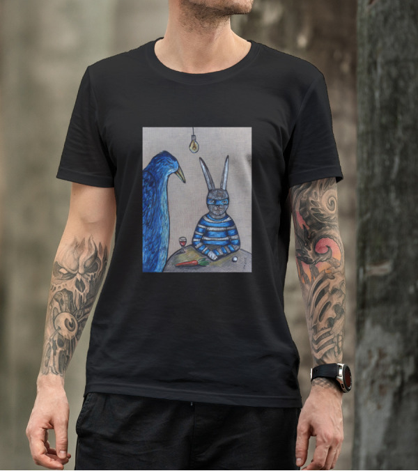 Blue Bird And Masked Rabbit Under Lightbulb With Wine And Carrot T-Shirt