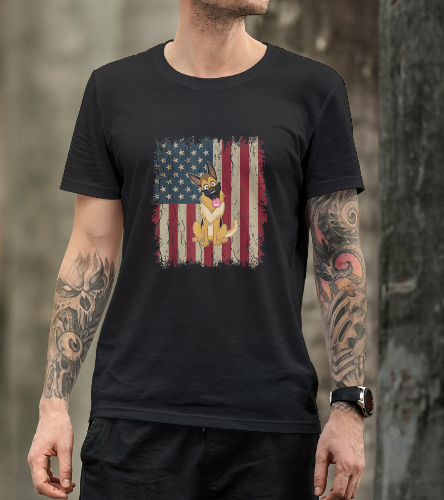 Vintage American Flag With German Shepherd Dog T-Shirt