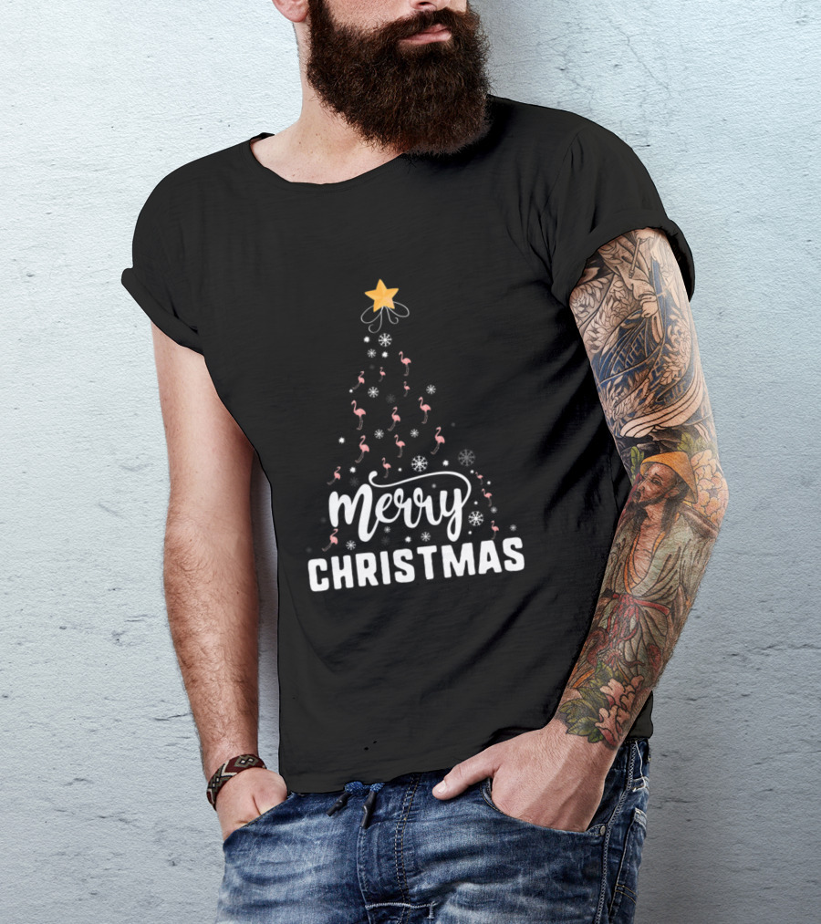 Merry Christmas Flamingo Tree Family Xmas Holidays T-Shirt