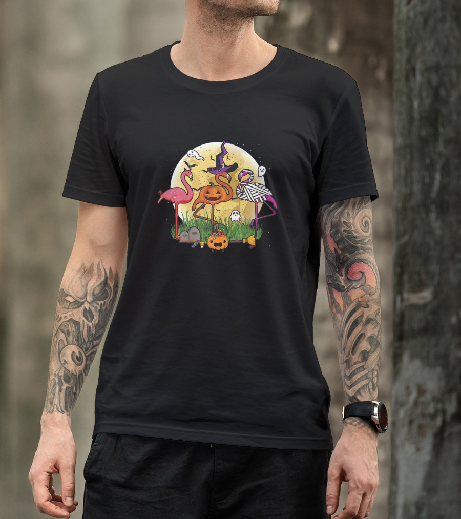 Flamingo Witch Mummy Pumpkin Halloween Moon T-Shirt