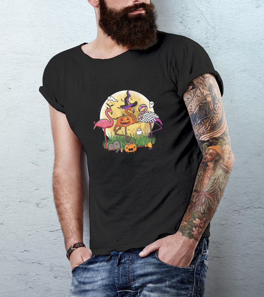 Flamingo Witch Mummy Pumpkin Halloween Moon T-Shirt