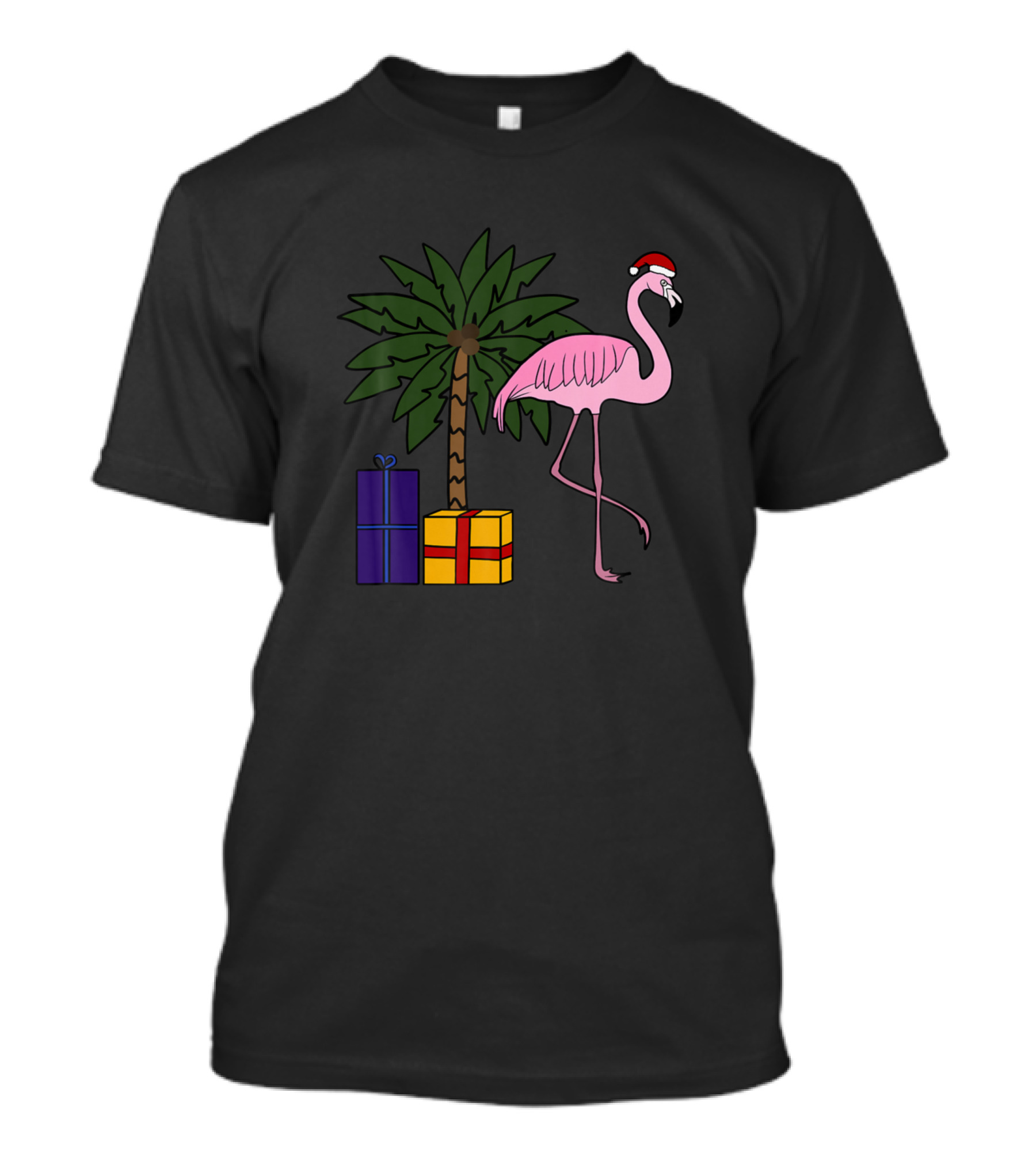 Flamingo With Santa Hat And Palm Tree With Christmas Gifts T-Shirt