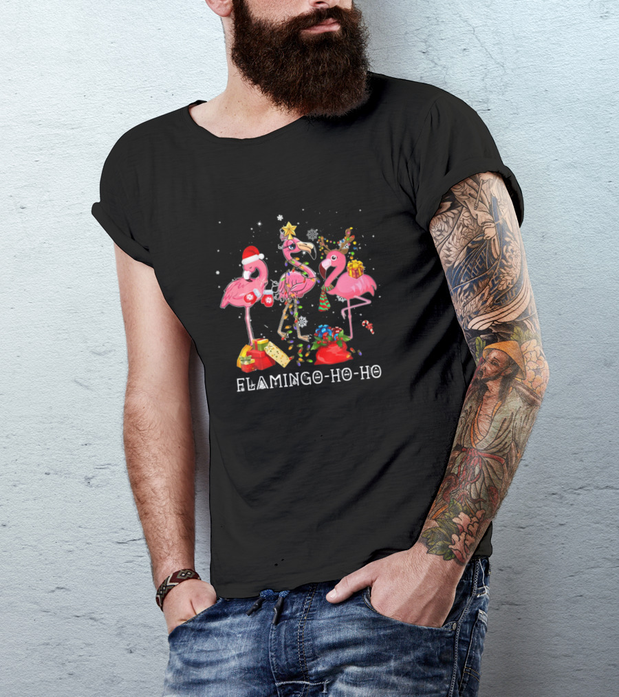 Flamingo Ho Ho Ho Funny Christmas Tree Flamingo Hat Santa Best T-Shirt