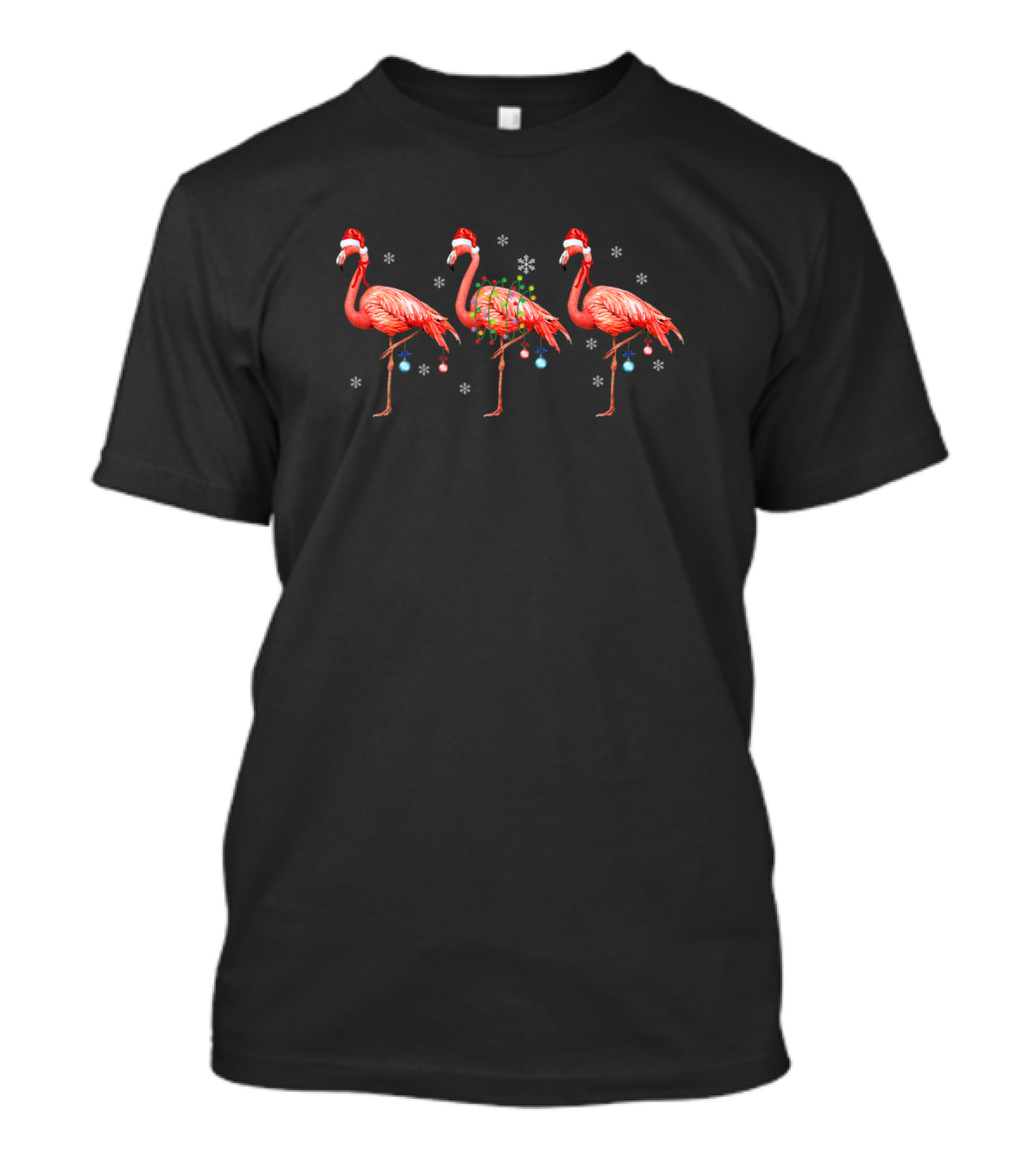Funny Flamingo Christmas Lights With Santa Hats And Snowflakes T-Shirt