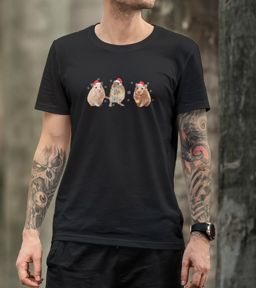 Santa Hat Guinea Pigs With Christmas Lights And Snowflakes T-Shirt