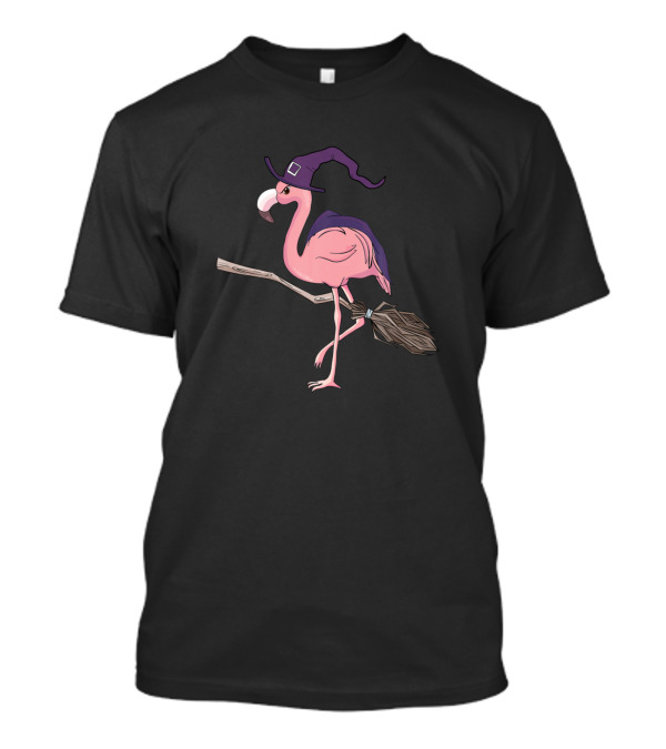 Halloween Funny Flamingo Witch On Broom Scary Party T-Shirt
