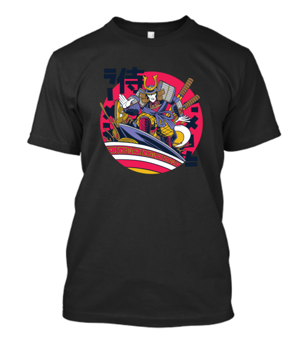 Samurai Warrior Surfing On Ramen Bowl With Japanese Characters T-Shirt