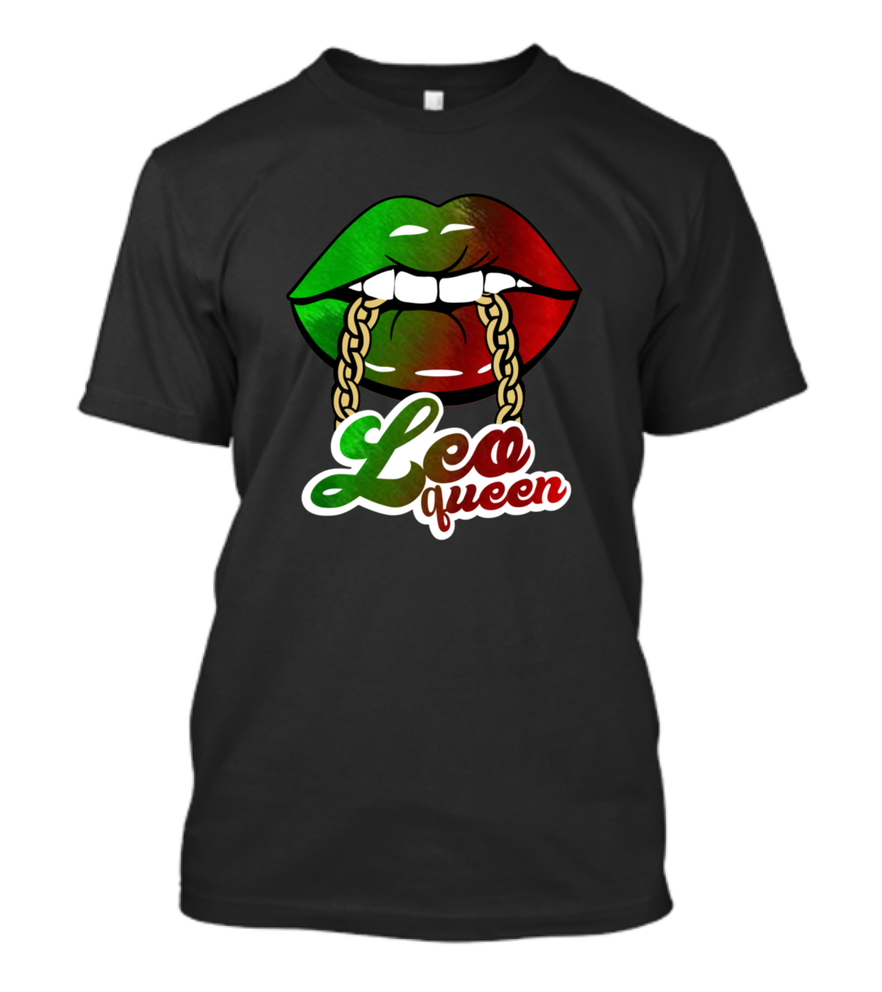 Leo Queen Lips BLM African Colors Birthday Green Red Gold Chains T-Shirt