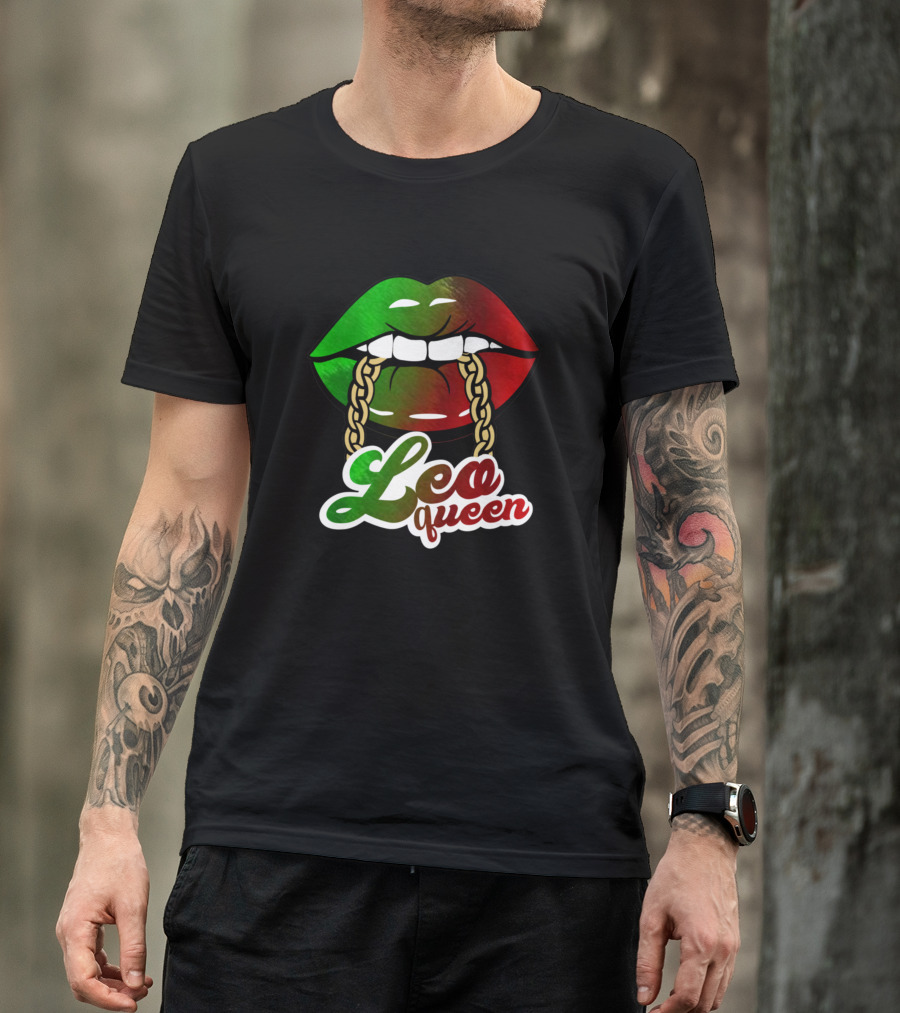 Leo Queen Lips BLM African Colors Birthday Green Red Gold Chains T-Shirt