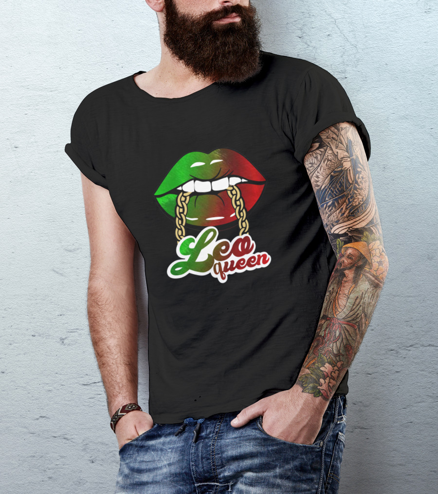 Leo Queen Lips BLM African Colors Birthday Green Red Gold Chains T-Shirt