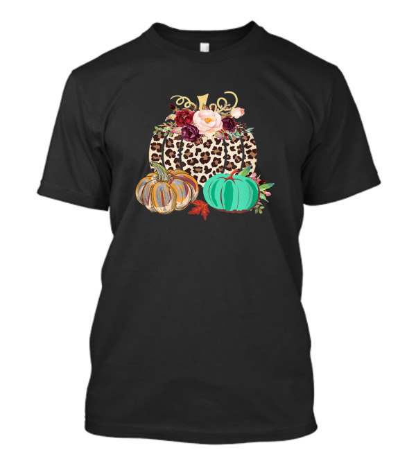 Leopard Print Pumpkin With Floral Fall Accents And Colorful Pumpkins T-Shirt