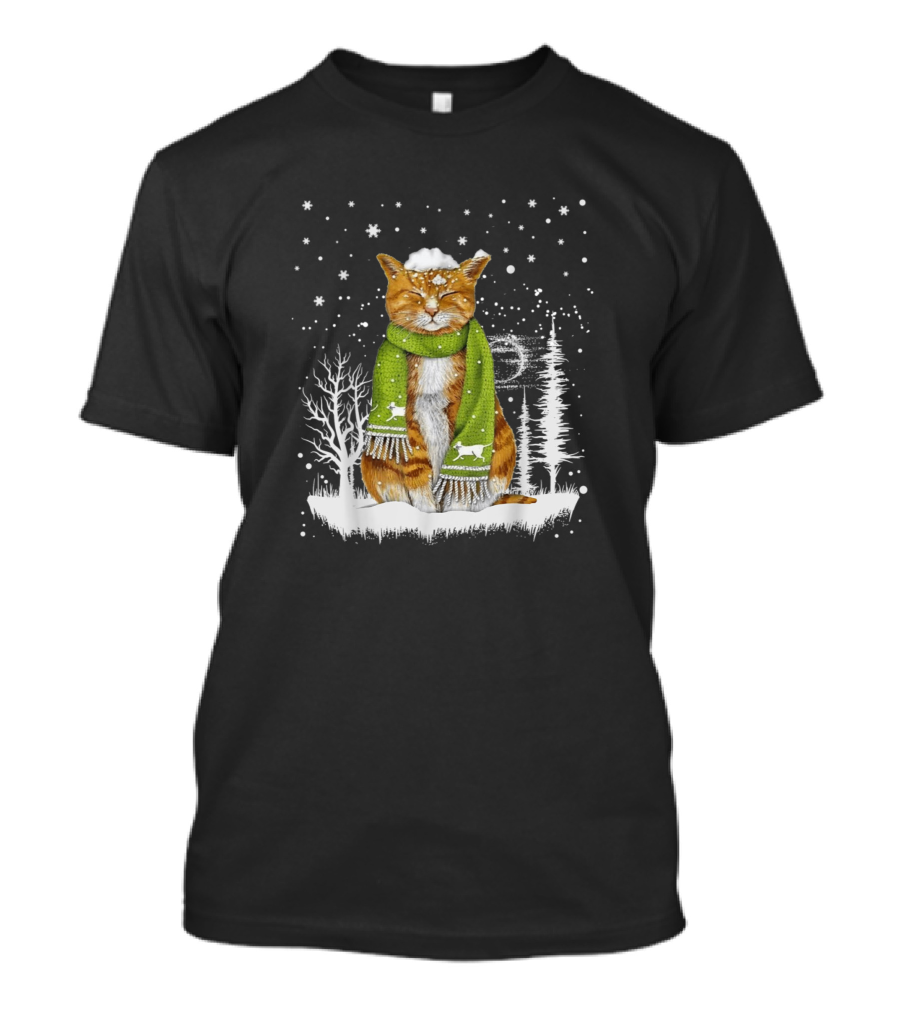 Merry Christmas Meowy Cat In Snowy Scarf With Xmas Trees And Stars T-Shirt