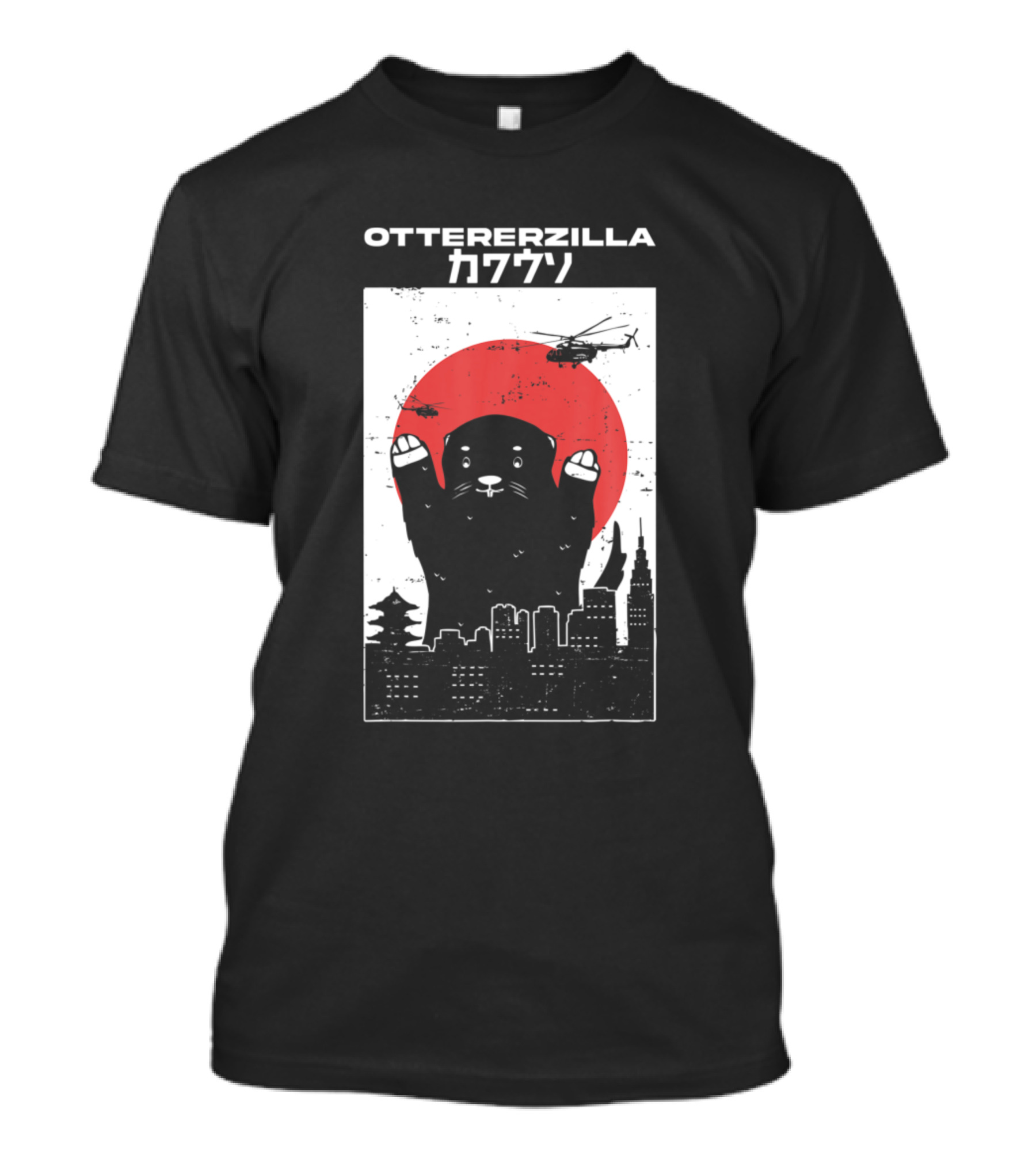 Ottererzilla Japanese Otter Parody With Helicopters And Cityscape T-Shirt
