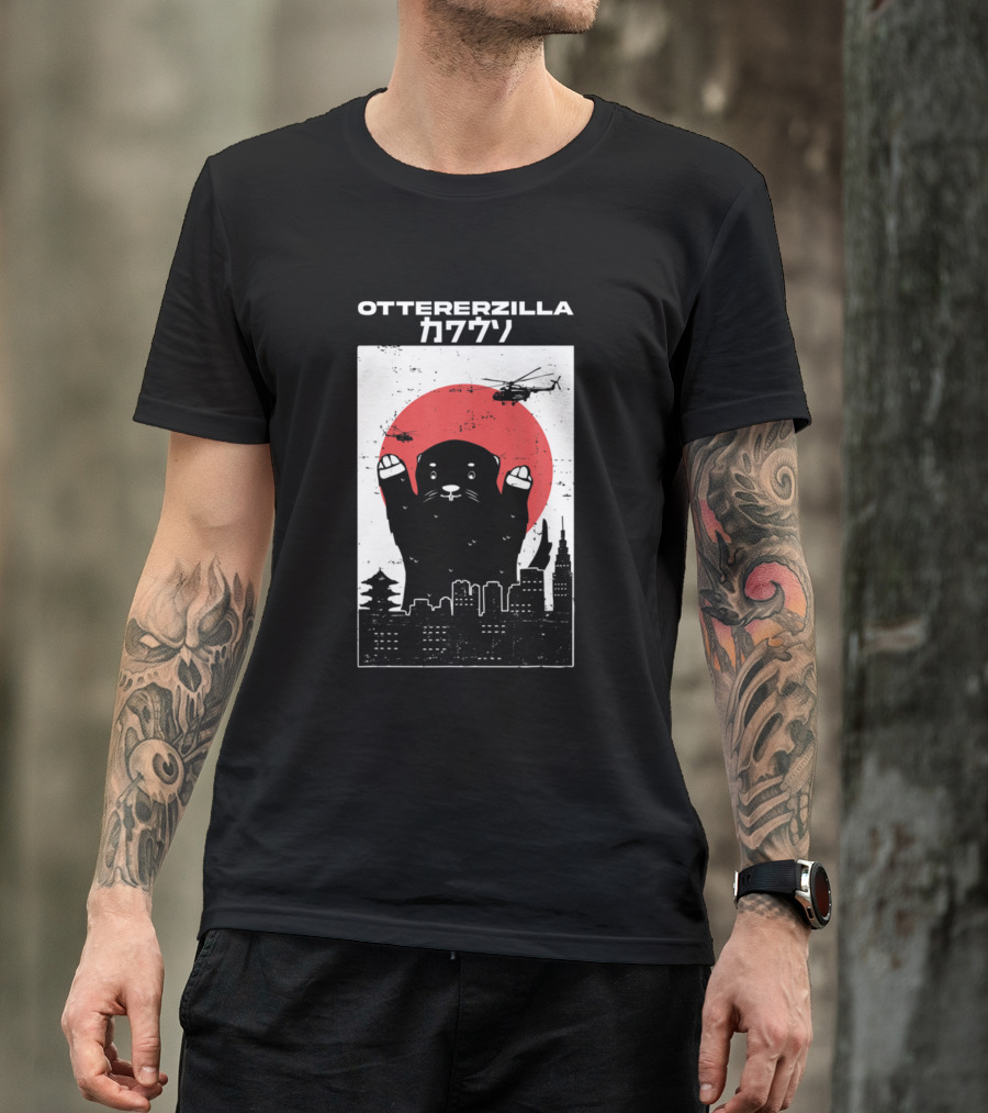 Ottererzilla Japanese Otter Parody With Helicopters And Cityscape T-Shirt