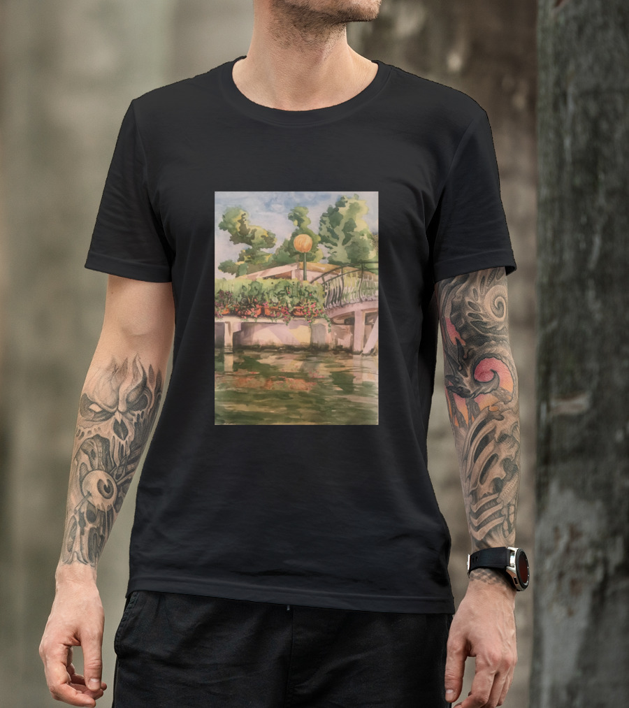 Park Watercolor Bridge Reflections Nature Scene T-Shirt
