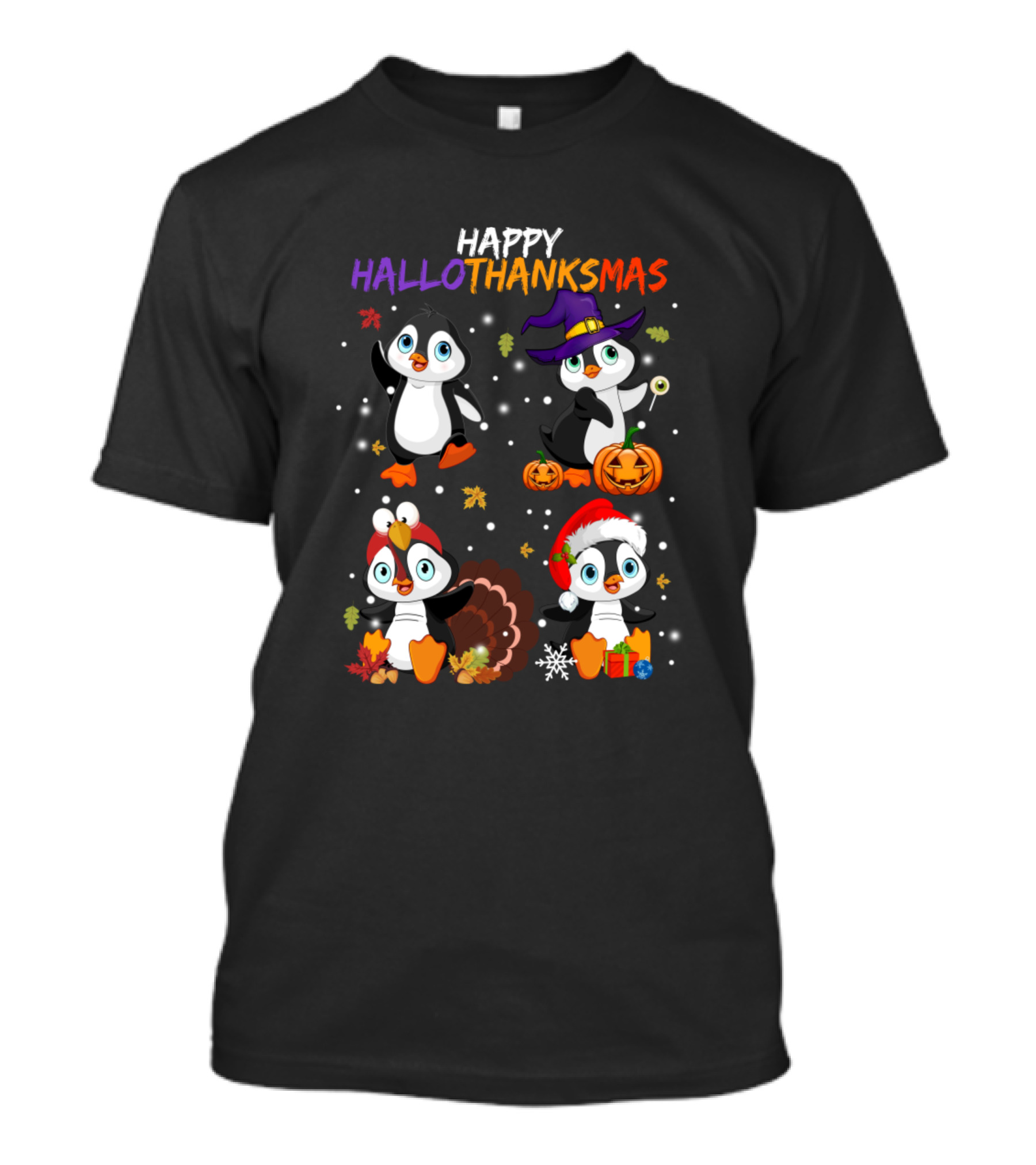 Happy Hallothanksmas Penguin Halloween Thanksgiving Christmas T-Shirt