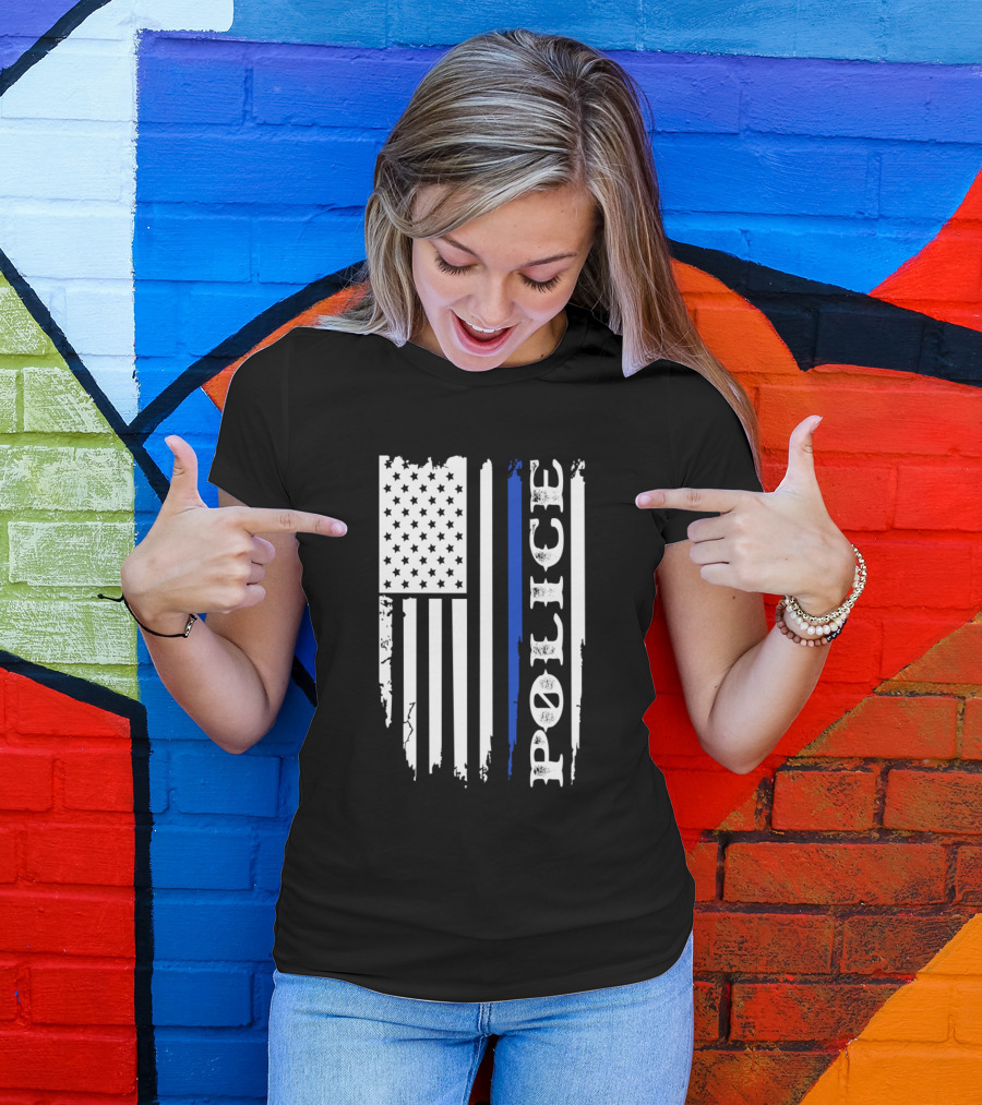 Police Flag With Thin Blue Line American Flag T-Shirt