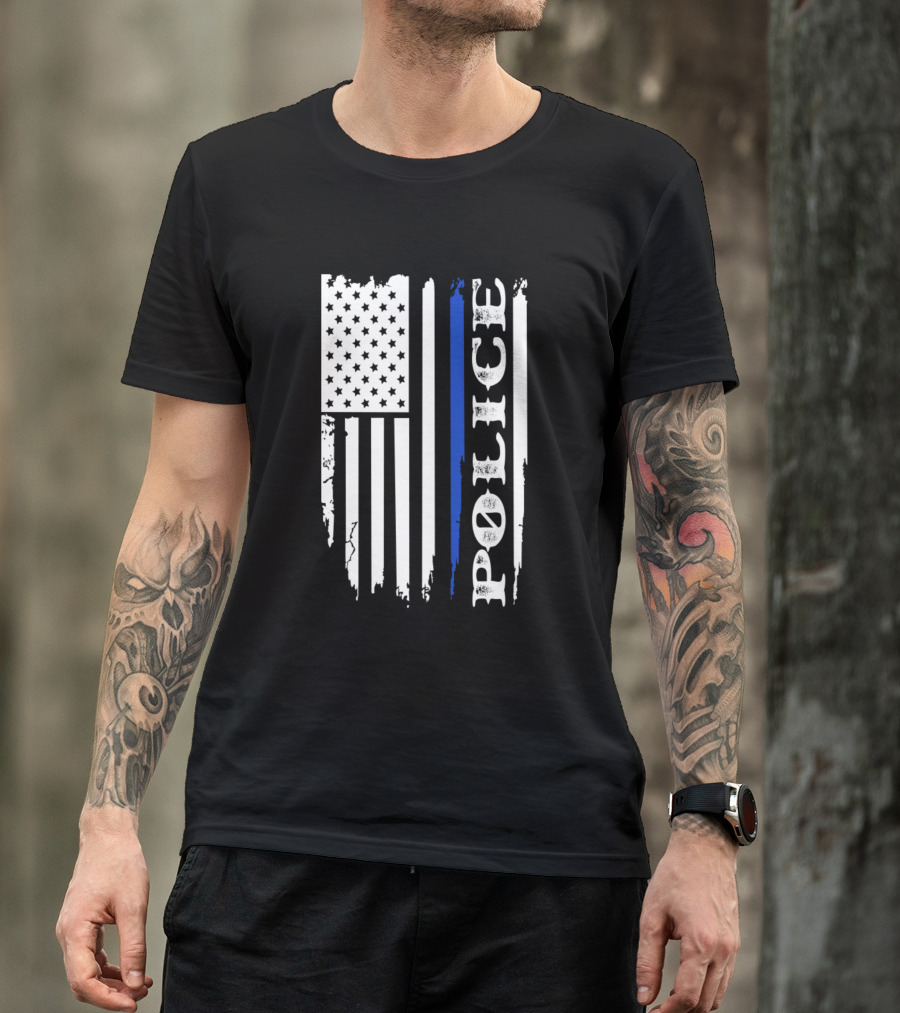Police Flag With Thin Blue Line American Flag T-Shirt