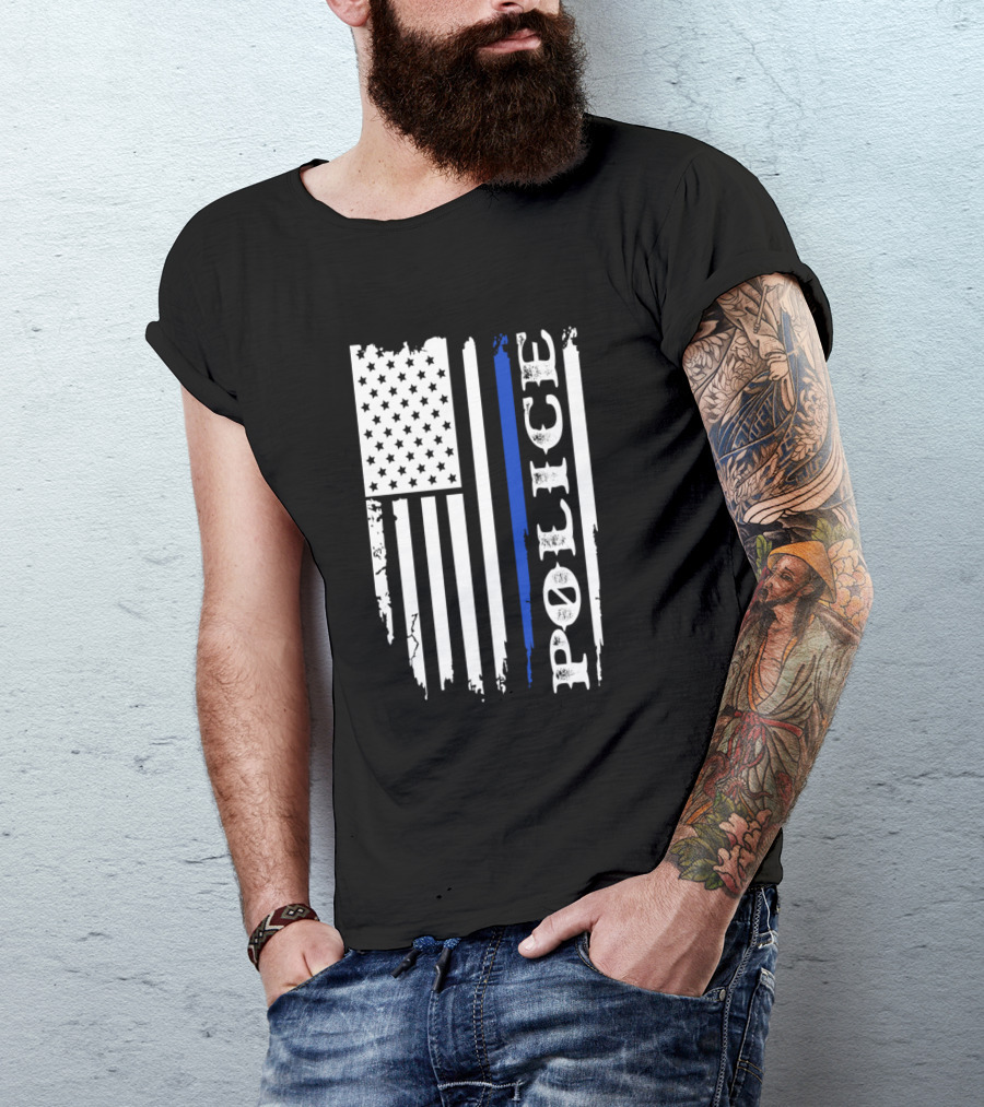 Police Flag With Thin Blue Line American Flag T-Shirt
