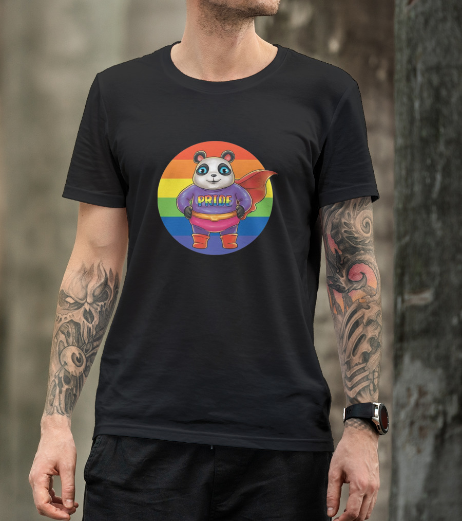 Pride Month Panda With Rainbow Flag Superhero Cape T-Shirt