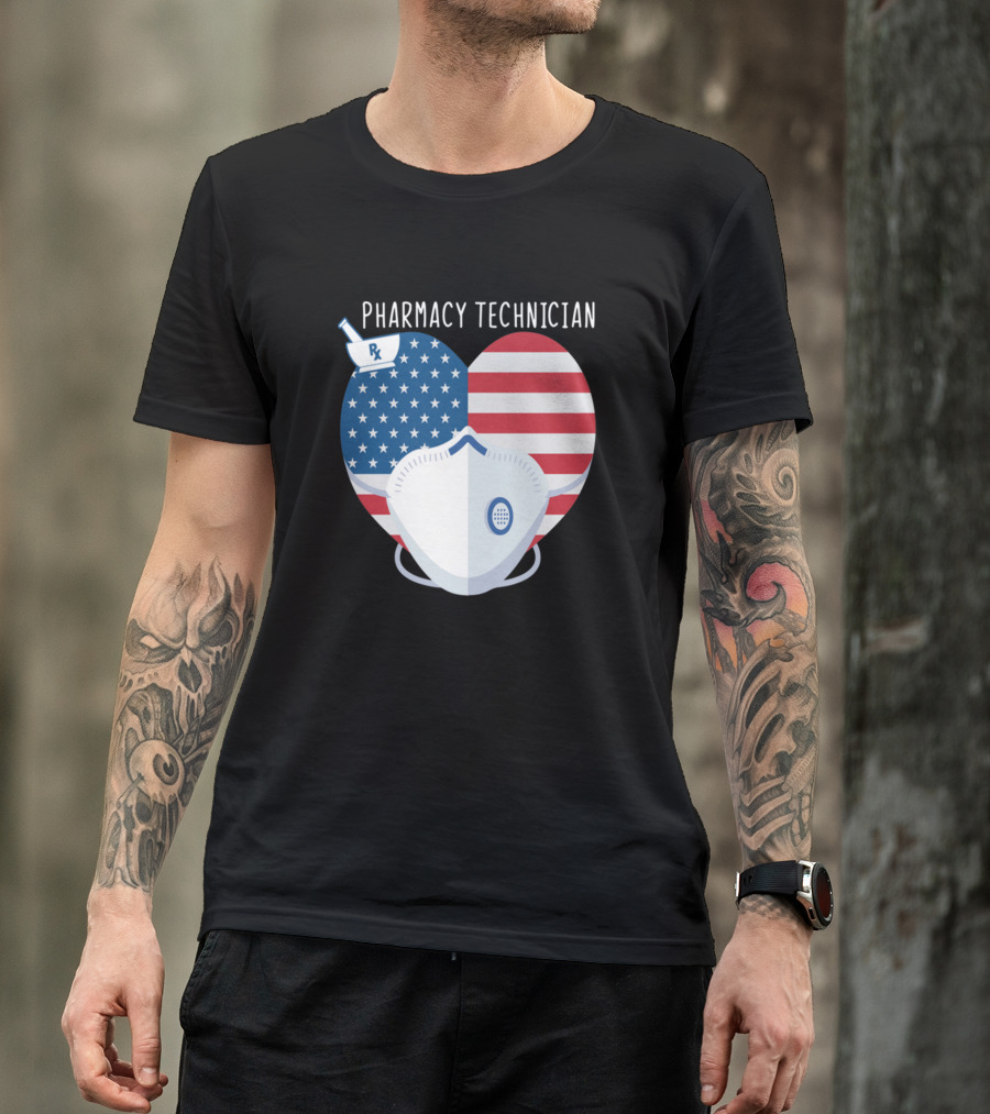 Pharmacy Technician American Flag Heart Mask T-Shirt