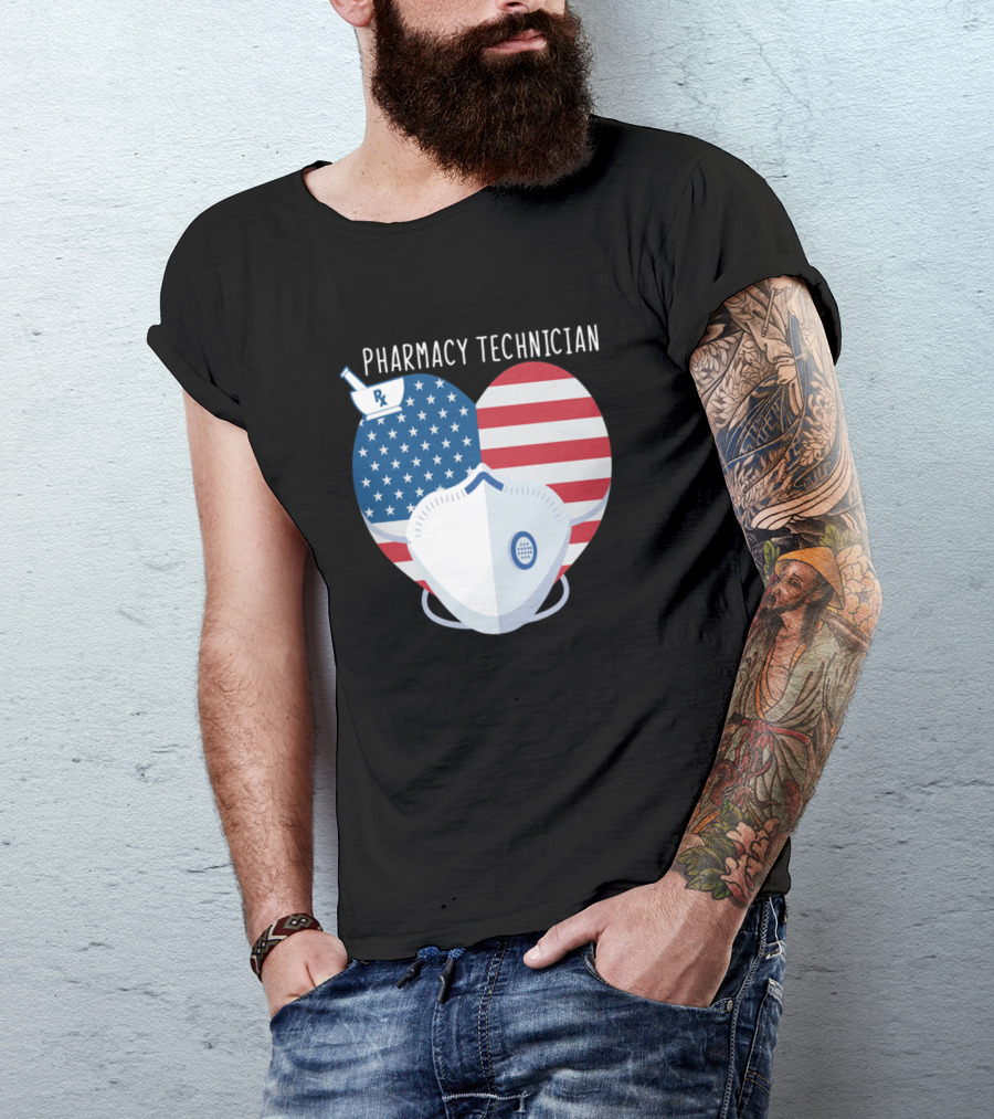 Pharmacy Technician American Flag Heart Mask T-Shirt