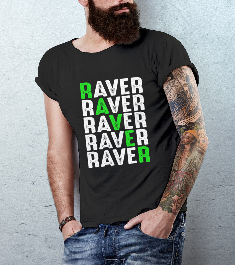 Raver Vintage Trance Rave Techno Electro Repeated Typography T-Shirt