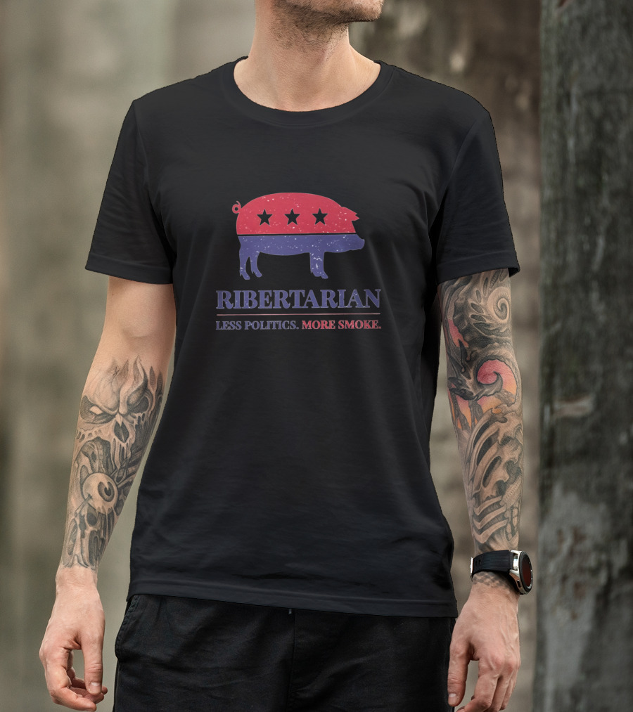Ribertarian Pig Red Blue Stars Less Politics More Smoke T-Shirt