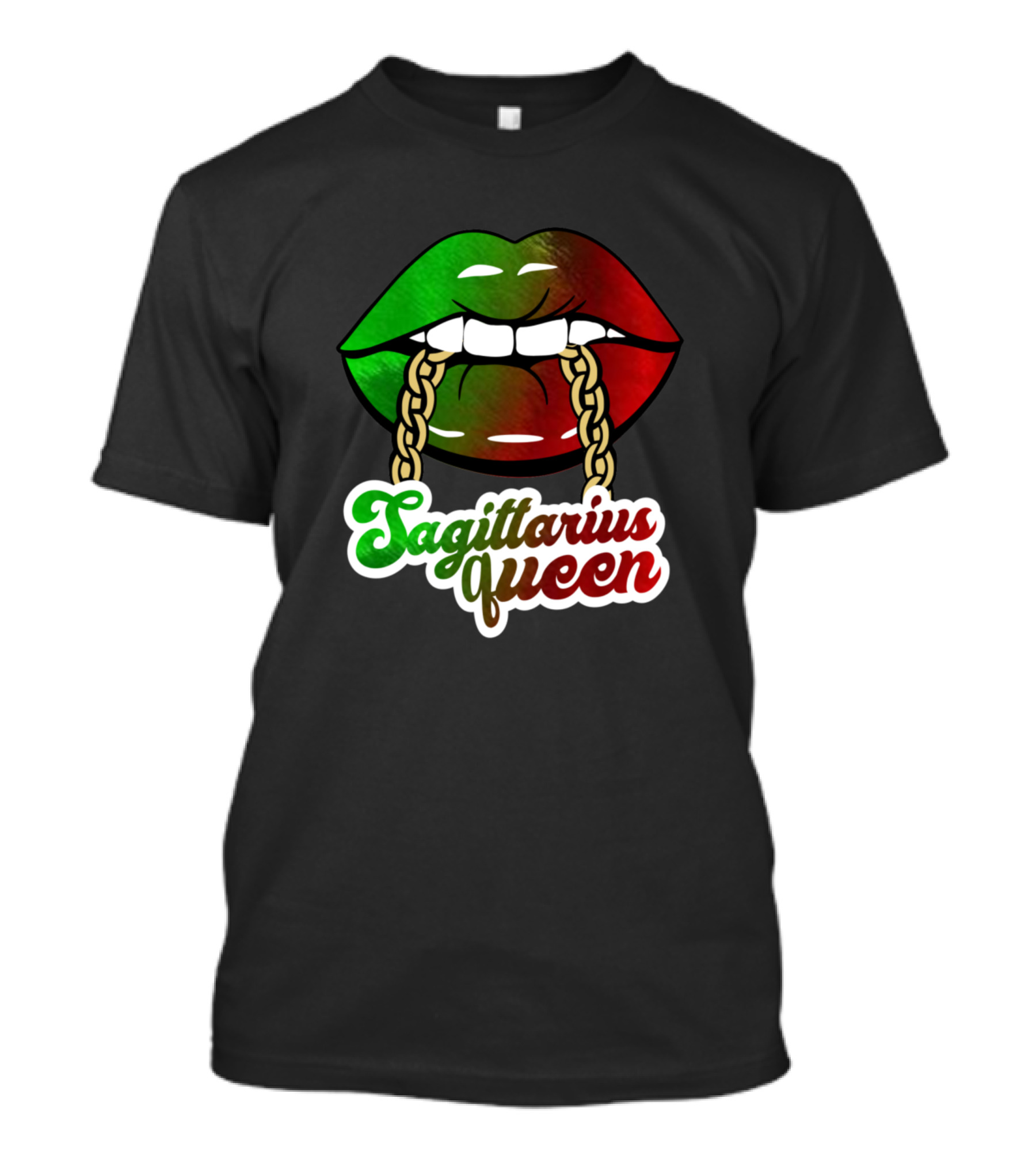Sagittarius Queen Lips Green Red Chains BLM African Colors Birthday T-Shirt