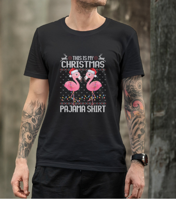 This Is My Christmas Pajama Shirt Flamingo Santa Hat T-Shirt