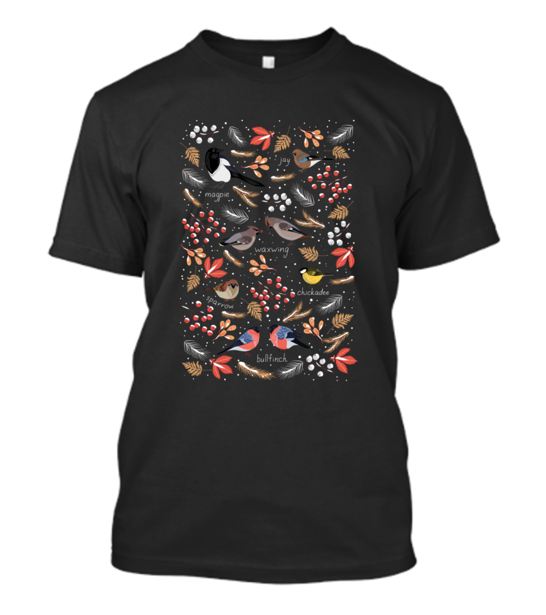 Magpie Jay Waxwing Sparrow Bullfinch Chickadee Wintering Birds T-Shirt