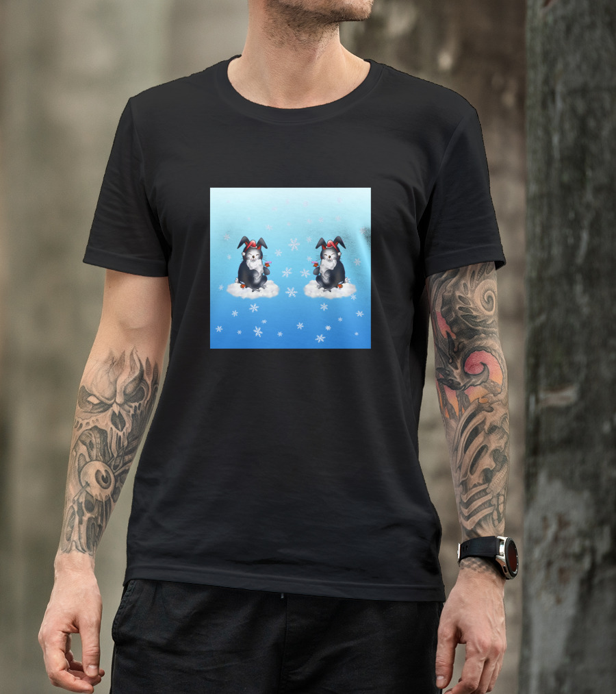 Adorable Santa Black Bunnies Clouds Snowflakes Cute Birds T-Shirt