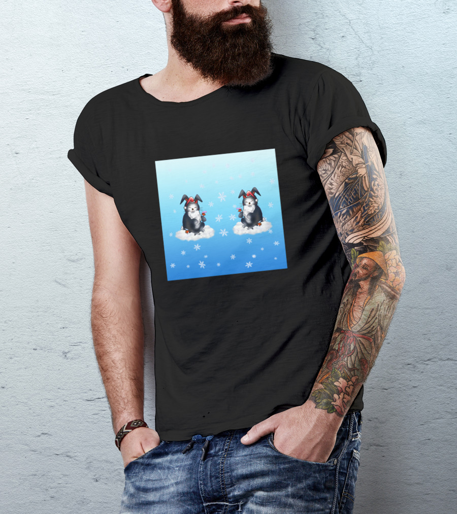 Adorable Santa Black Bunnies Clouds Snowflakes Cute Birds T-Shirt
