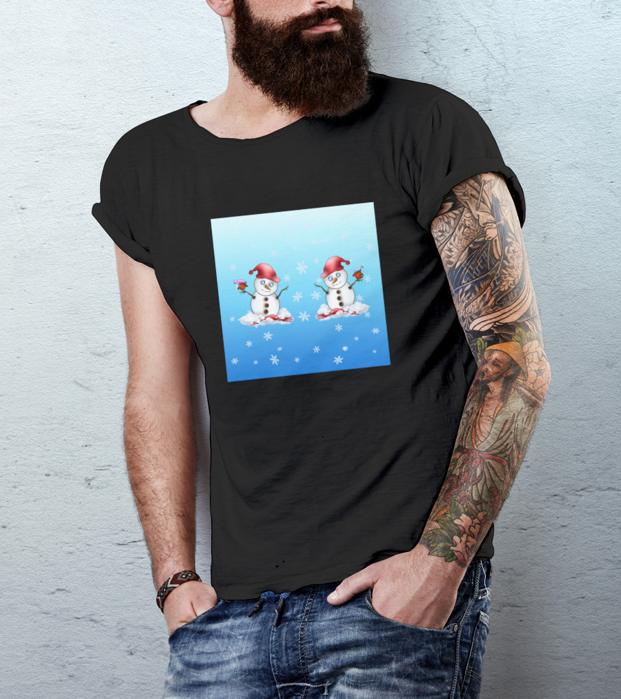 Adorable Snowmen With Red Hats And Cute Birds In Snowflakes T-Shirt