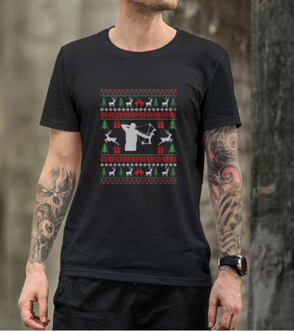 Christmas Bow Hunting Ugly Sweater Pattern With Reindeer And Gifts T-Shirt