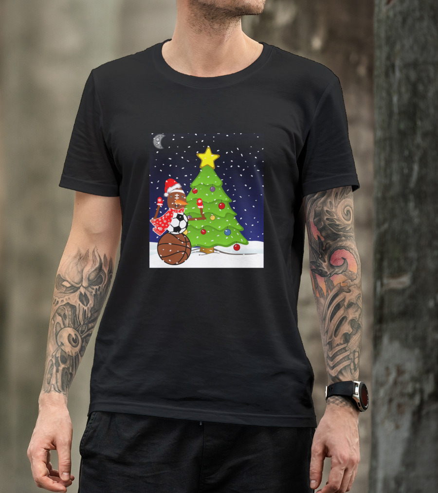 Christmas Snowman With Soccer And Basketball By Tree T-Shirt