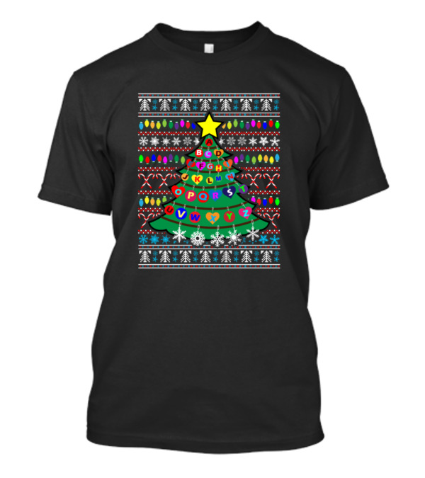 Christmas Tree Alphabet Teacher Ugly Sweater Pattern Snowflakes And Candy Canes T-Shirt