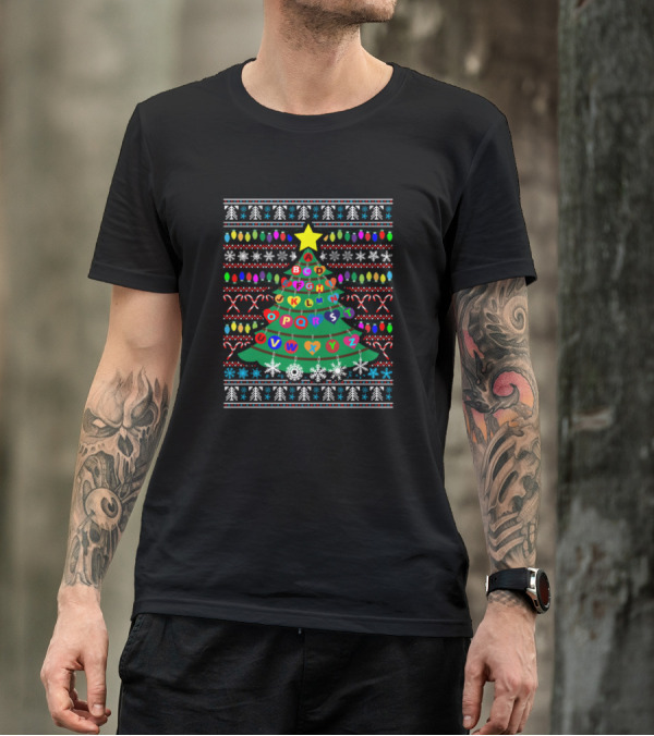 Christmas Tree Alphabet Teacher Ugly Sweater Pattern Snowflakes And Candy Canes T-Shirt