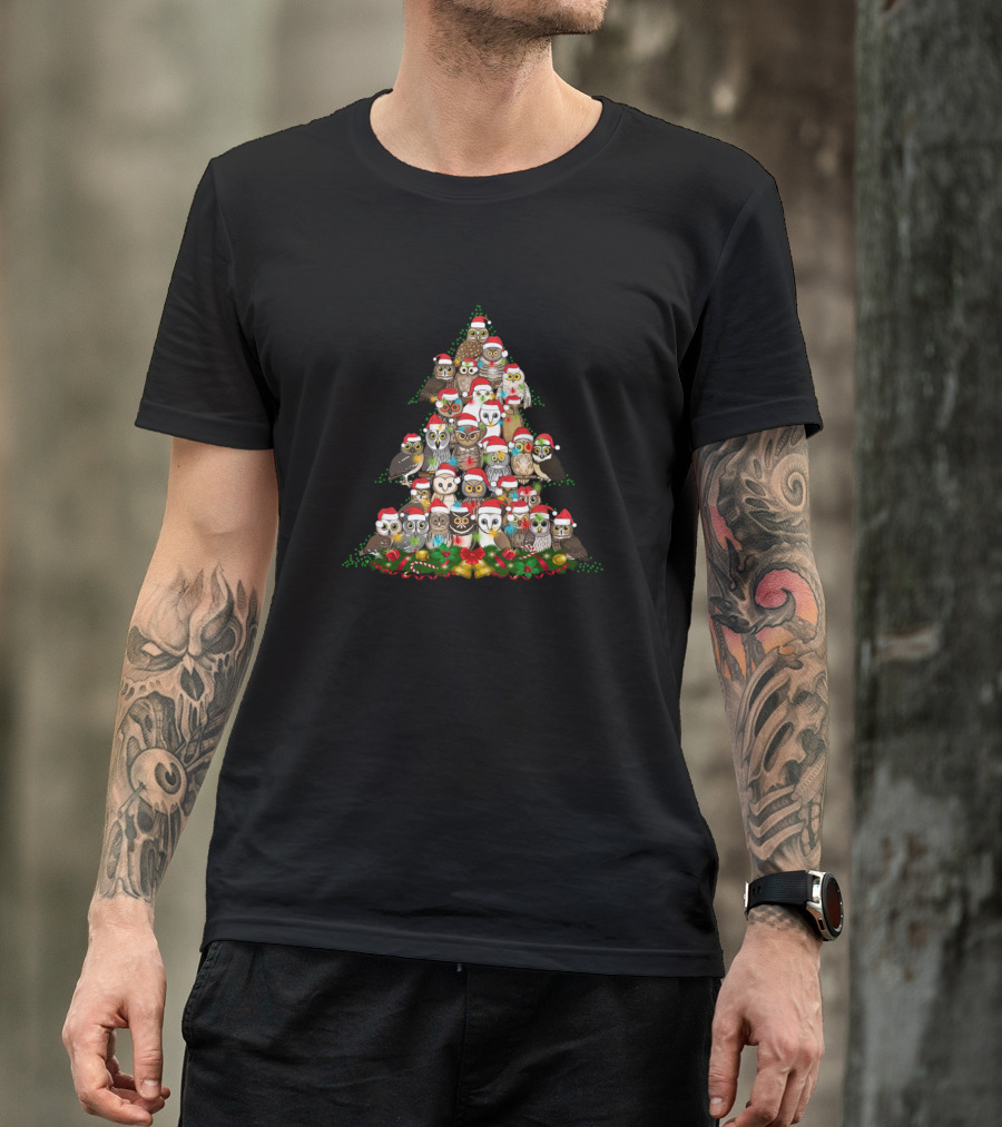 Christmas Tree Owls Santa Hat Festive Holiday T-Shirt