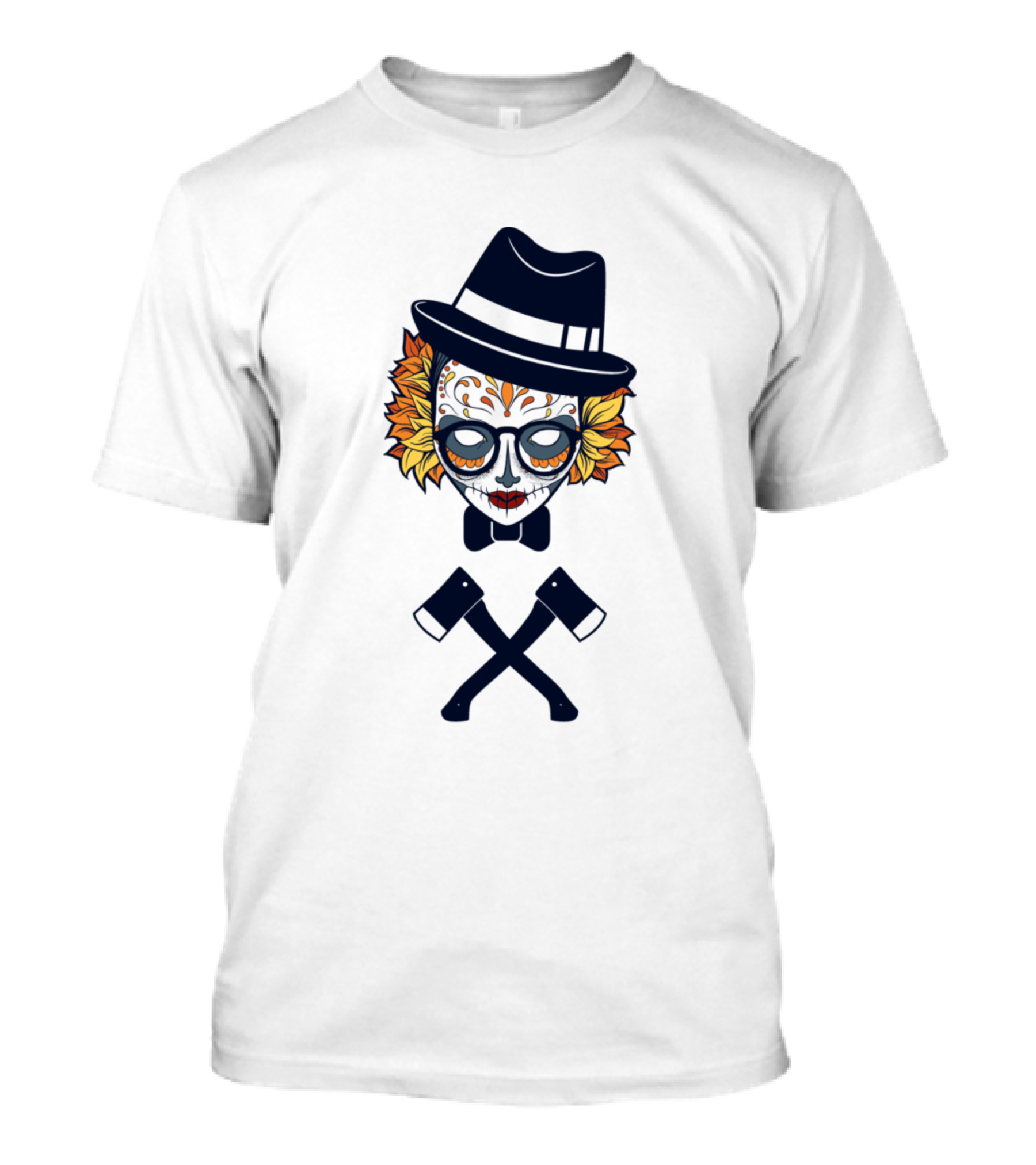 Colorful Flowered Skull With Hat And Crossed Axes Gothic T-Shirt